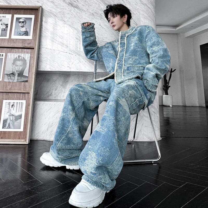 Autumn Long Sleeve Jacket Sets Burr Design Fashion Personalized Street Baggy Straight Pants Casual Two Piece