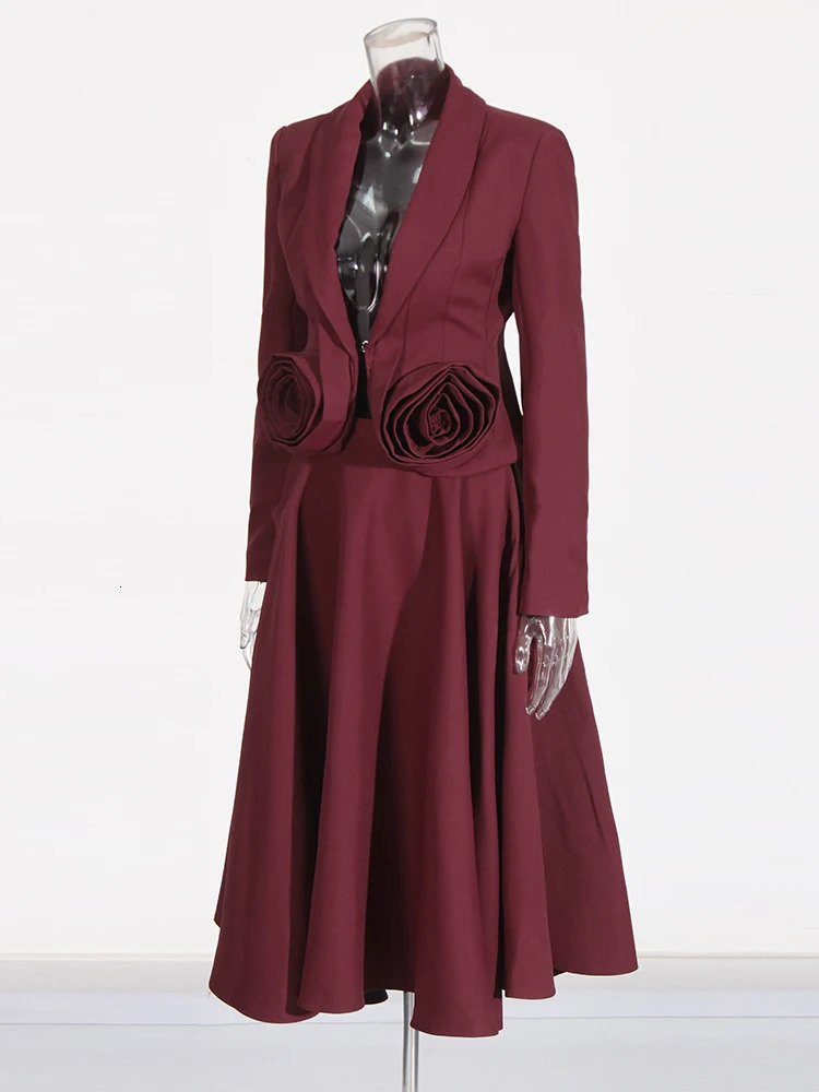 TWOTWINSTYLE Solid Burgundy Two Piece Set For Women Lapel Long Sleeve Spliced Appliques Coats High Waist A Line Skirt Set Female 250109