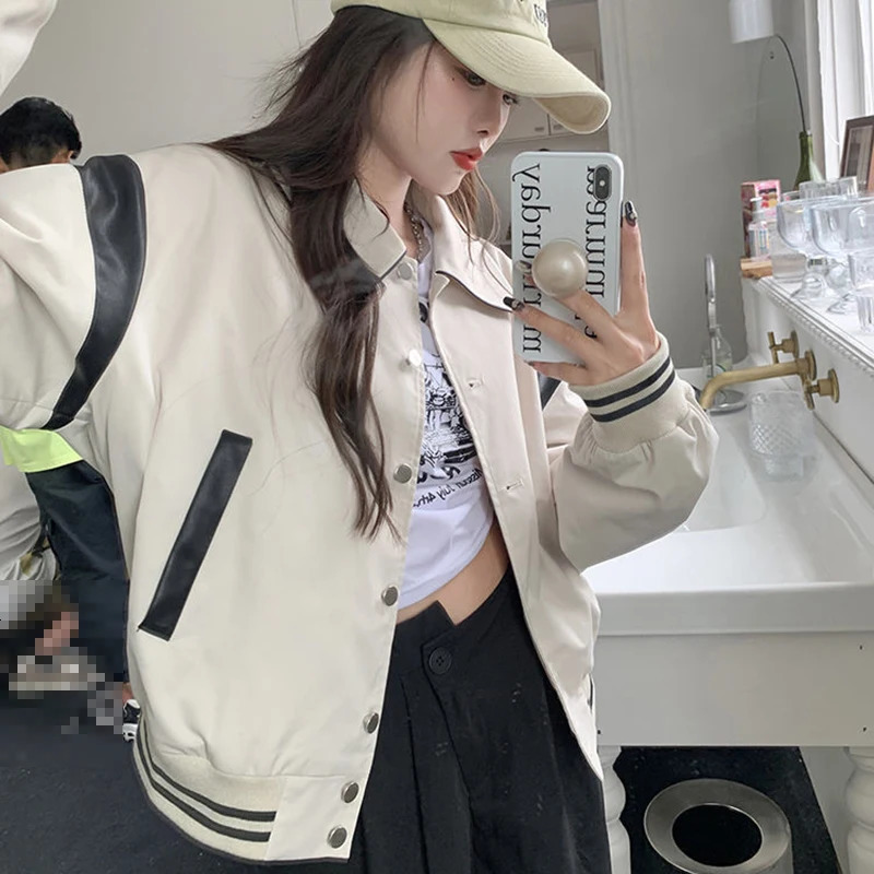 Rimocy Korean Fashion Baseball Uniform Jacket Women Chic Turn Down Collar Bomber Jackets Woman Streetwear Button Up Coats 250109