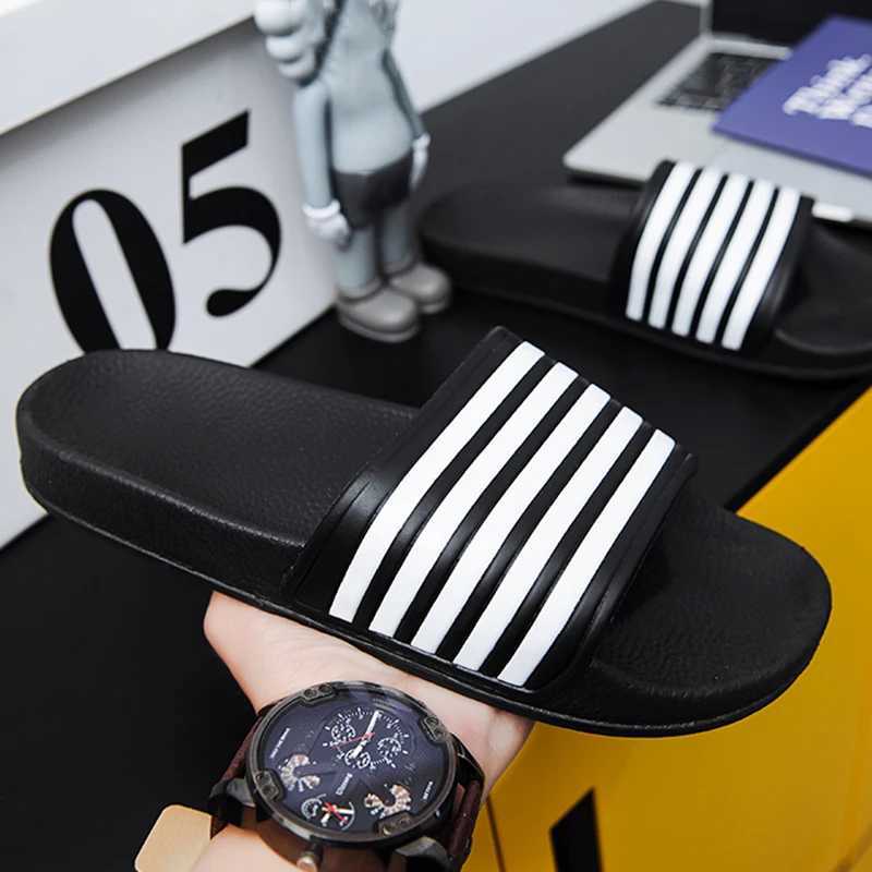 Slippers brand mens summer striped pool slider couple casual slider beach large-size sandals unprinted shoes indoor bedroom shoes M250108