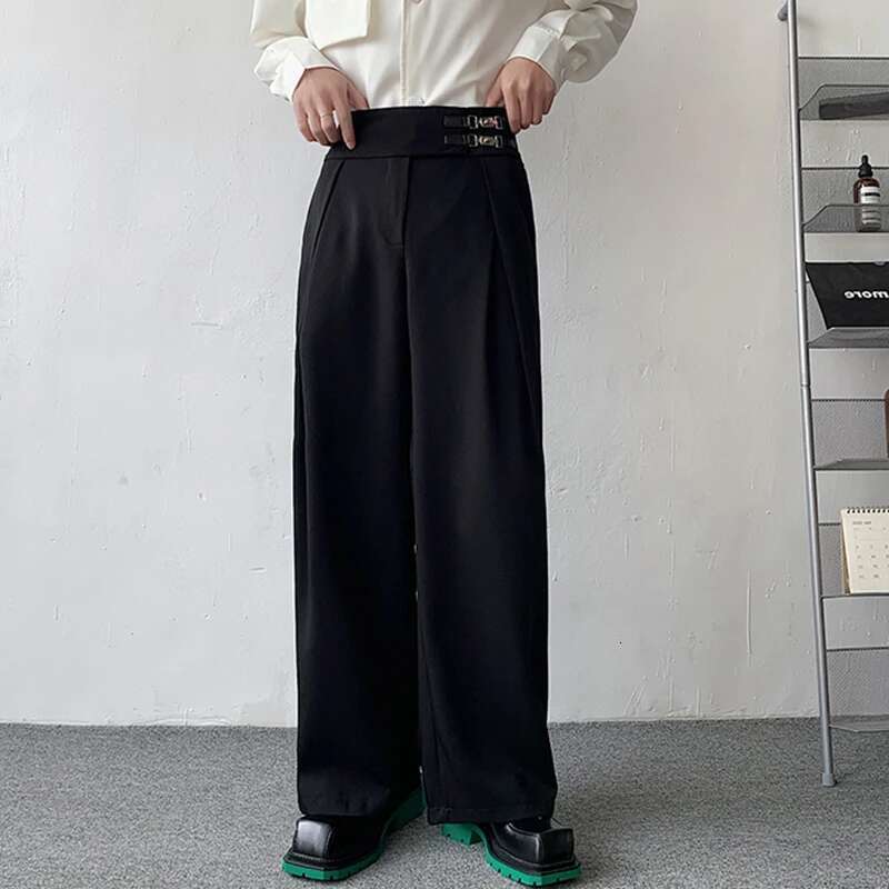 Stylish Suit Pants Men's Loose Casual Elegant Trendy Wide Leg Metal Buckle Design Straight Trousers