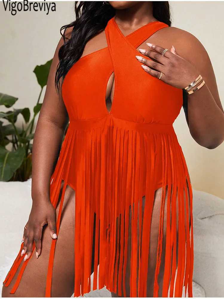 VigoJany 2025 Solid Tassels Plus Size Swimwear Women Push Up Chubby One Piece Swimsuit Cross Hollow Lady Large Bathing SuitXJ240108