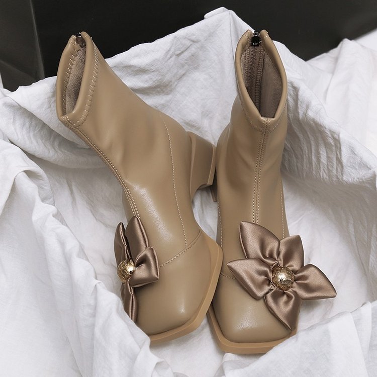 Women Boots Fashion French Gentle Style Niche Design Flower Korean Version Short Boots Square Toe Triple Black Khaki Free shipping