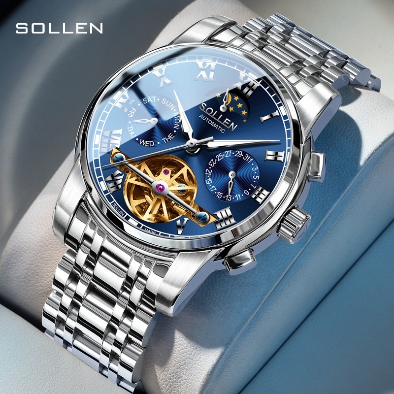 SOLLEN Stylish Automatic Full Steel Mechanical Flywheel Watch with Starry Sky Luminous Dial for Men