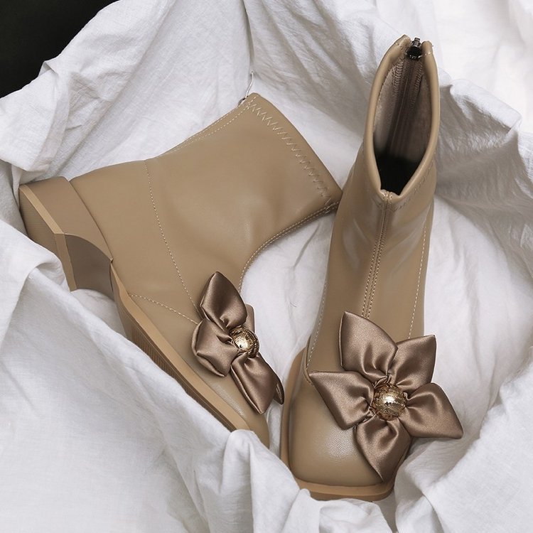 Women Boots Fashion French Gentle Style Niche Design Flower Korean Version Short Boots Square Toe Triple Black Khaki Free shipping