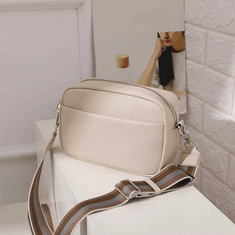 New Solid Color Multi-layer Women Sling Crossbody Bag Vinatge PU Leather Wide Strap Shoulder BagXJ250108