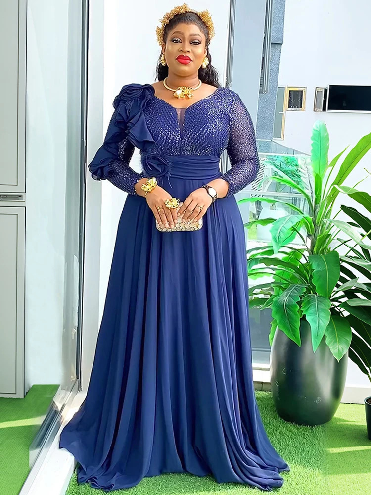 Elegant Women Evening Dresses y Sequin Chiffon Long Dress African Dashiki Outfits Party Prom Birthday Gowns Female Clothing 250109