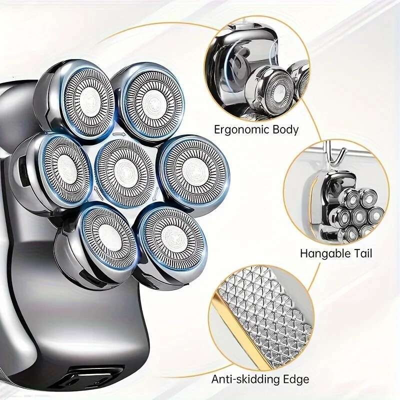 set Men's Razor - Rechargeable Cordless Hair Shaving Razors For Bald Man 6 In 1 Waterproof Wet Dry Beard Kit 7 Rotary Heads