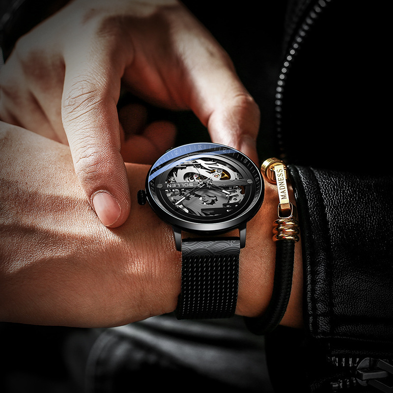 Men's New Style Automatic Mechanical Watch with Dragon Design and Skeleton Dial