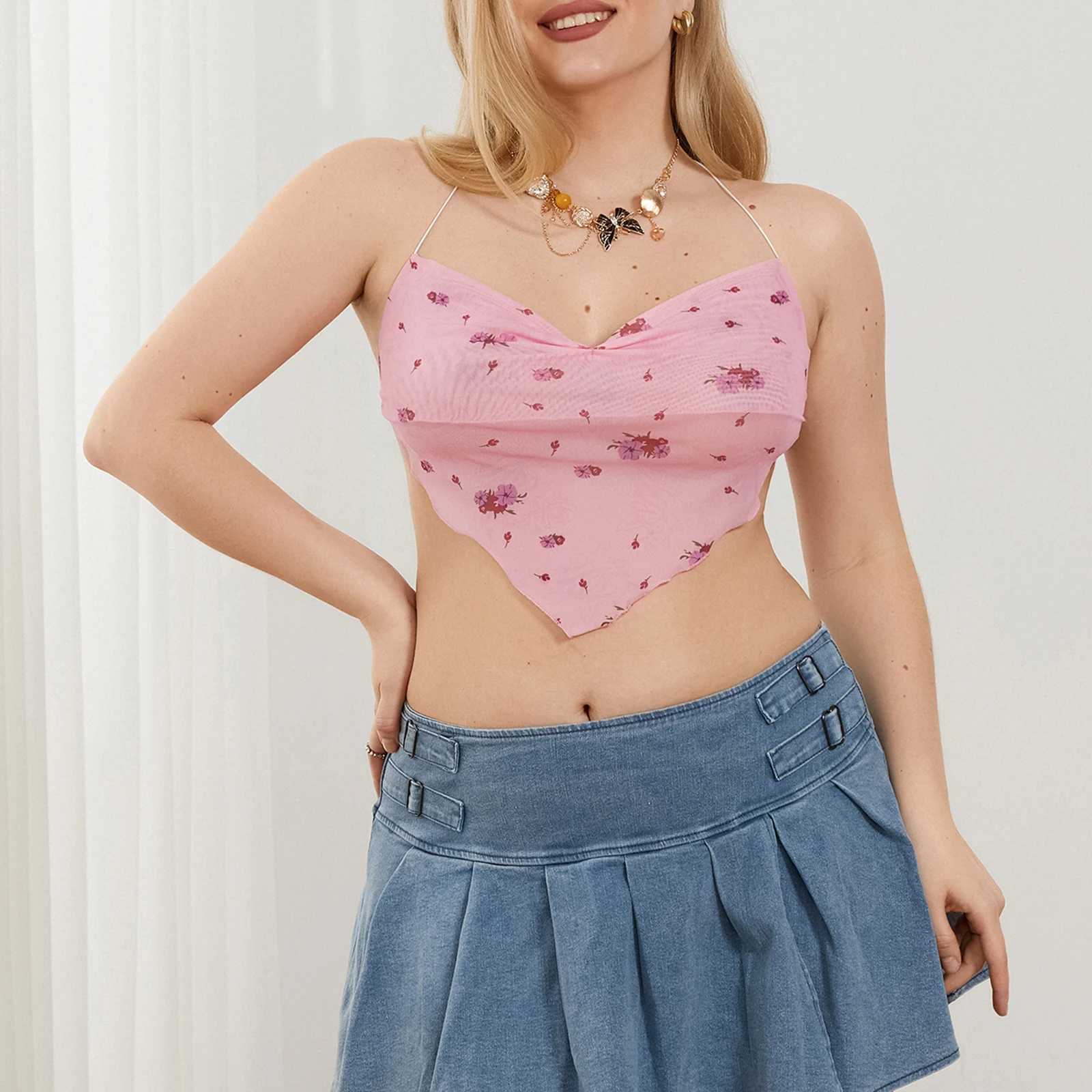 Womens Fairycore Sexy Swt Shr Mesh Camisol Cashless Italian Strap Floral Print Cris Cross Tie Back Crop Camisol Top W250109