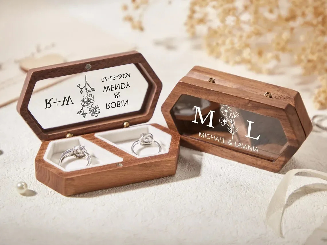 Personalized Wooden Ring Box with Acrylic Cover Custom Engraved Engagement Ring Holder Unique Wedding Ceremony and Proposal Gift 250106