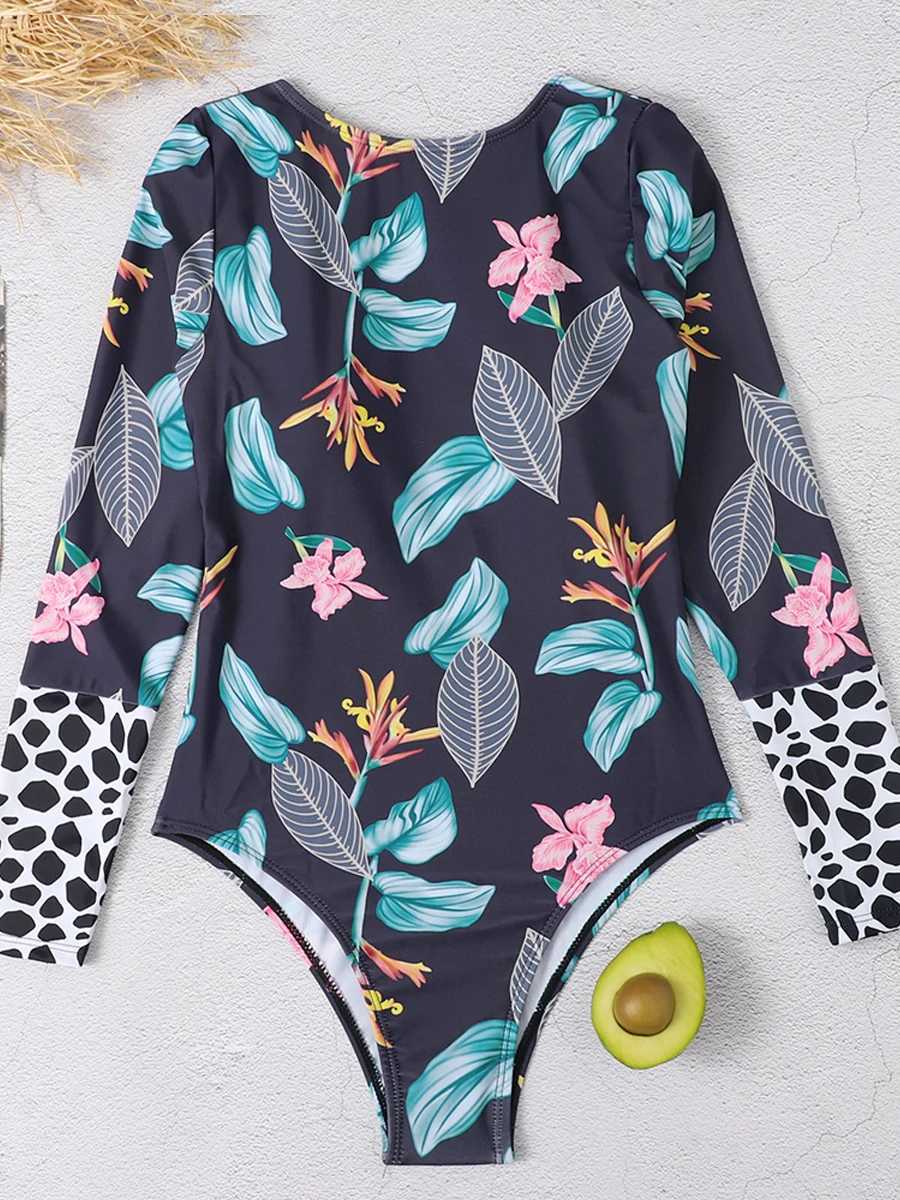 2023 Surfing Swimsuit Women One Piece Swimwear Print Long Seve Bathing Suit ss Rashguard Diving Clothes Padded BeachwearXJ240108