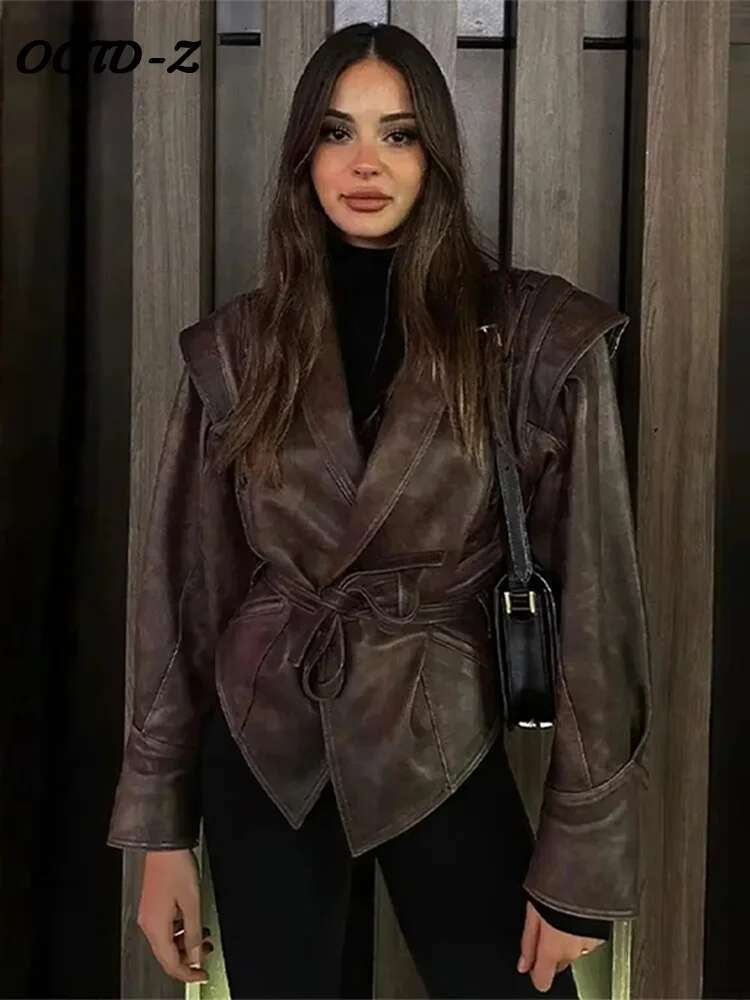 Faux Leather Brown Women Jackets Belt Lace Up Lapel Female Coat Vintage Casual Autumn One Button Long Sleeve Lady Outwear