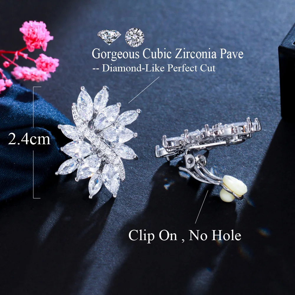 CWWZircons Classic Flower Shape CZ Stones Silver Color No Pierced Hole Ear Clip On Earrings Jewelry for Women CZ160 250103