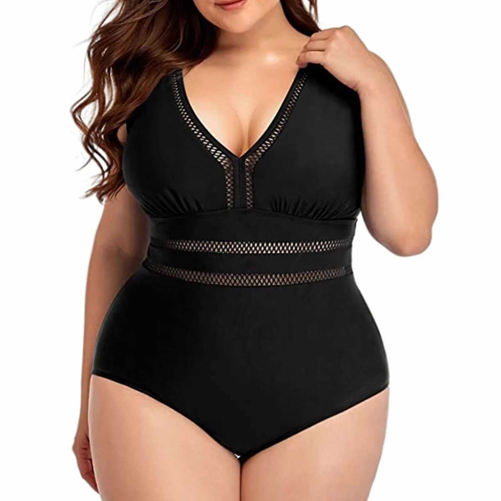 Large Size 2024 Sexy Chubby Plus Size Solid Color Swimwear Women Mesh Patchwork Push UP One Piece Swimsuit ss Bathing SuitXJ240108