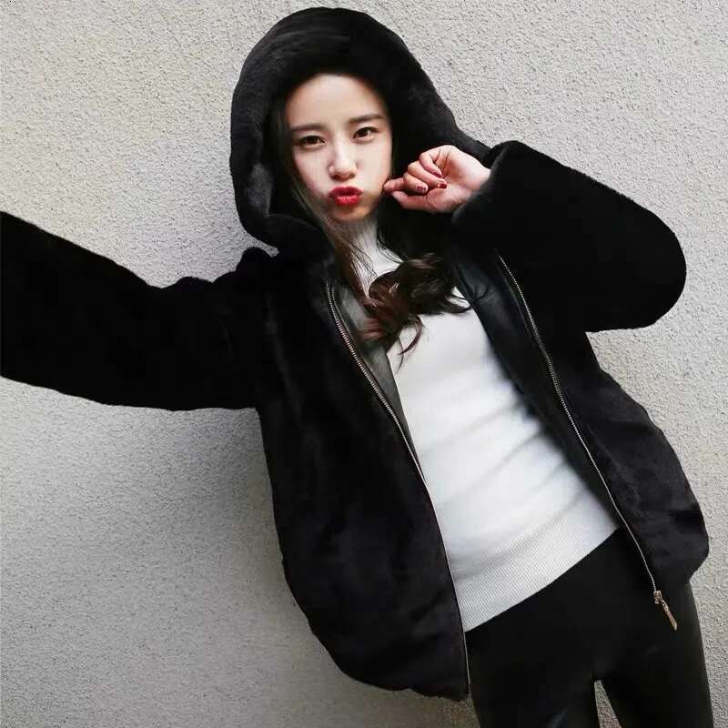 Lucyever High Quality Rabbit Hooded Coat Women Black Faux Fur Jacket Female Winter Zip Thick Warm Furry Coats
