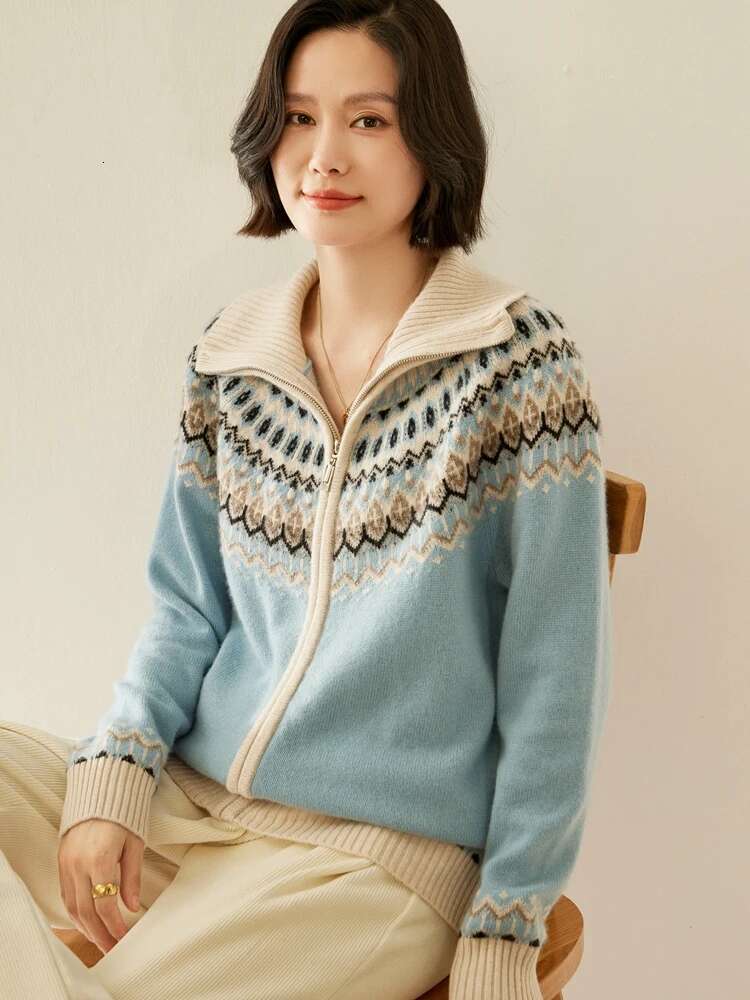 New Chic Women's Polo Zipper Cardigan Faire Isle Sweater Autumn Winter Thick Soft 100% Cashmere Knitwear Tops