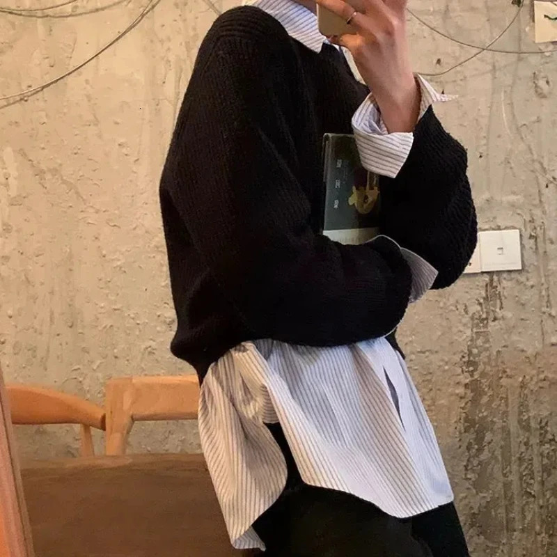 Korean Striped Loose Allmatch Blouse Spring Autumn Polo Neck Long Sleeve Preppy Style Shirt Tops Trend Casual Women Clothes 250109
