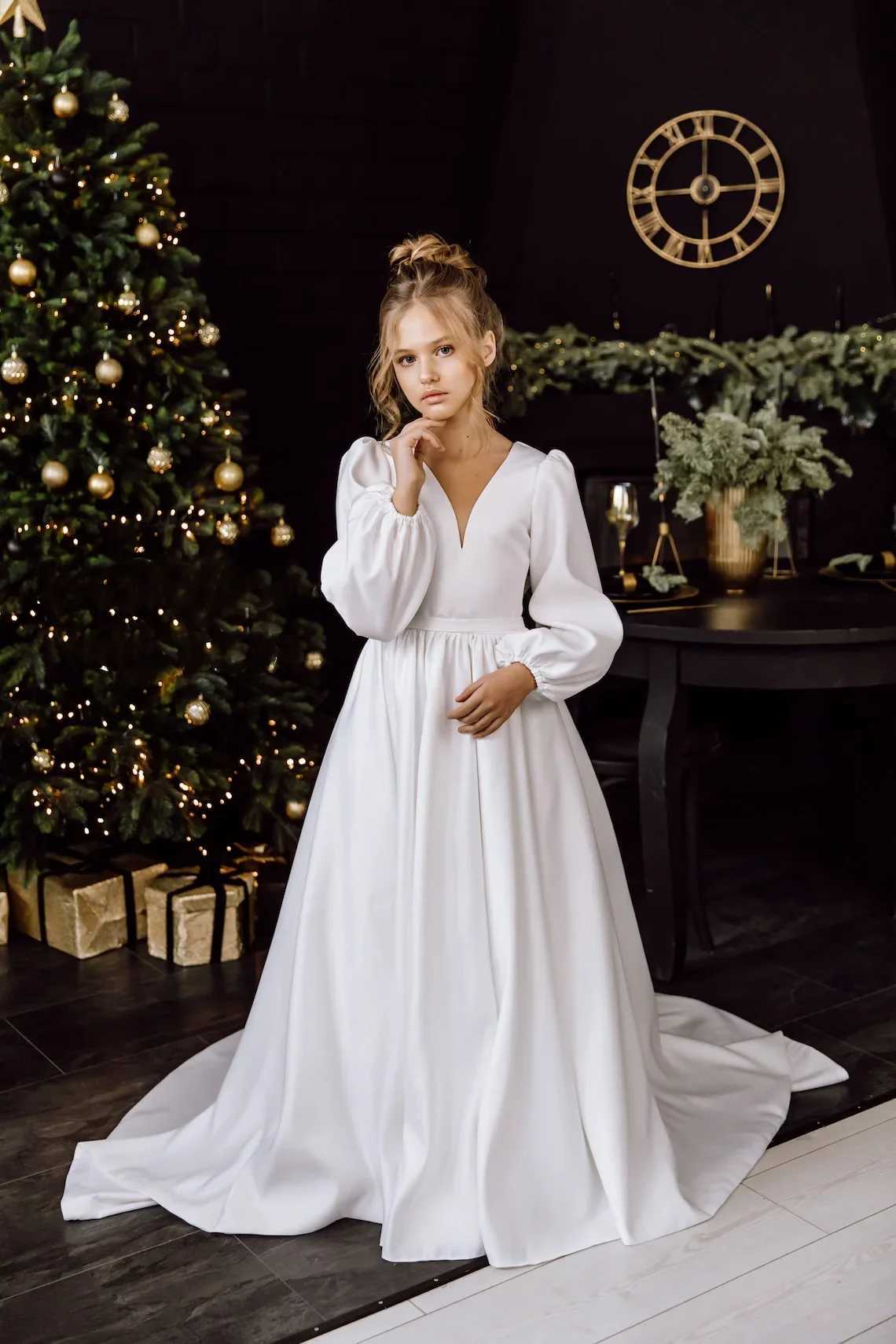 Flower Girl Dresses for Weddings Long Sleeves White Satin Bow Princess Girls Birthday First Holy Communion Dress with TrainXJ250108