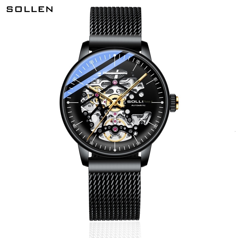 SOLLEN Fashionable Men's Mechanical Watch with Arc Skeleton Dial and Luminous Features