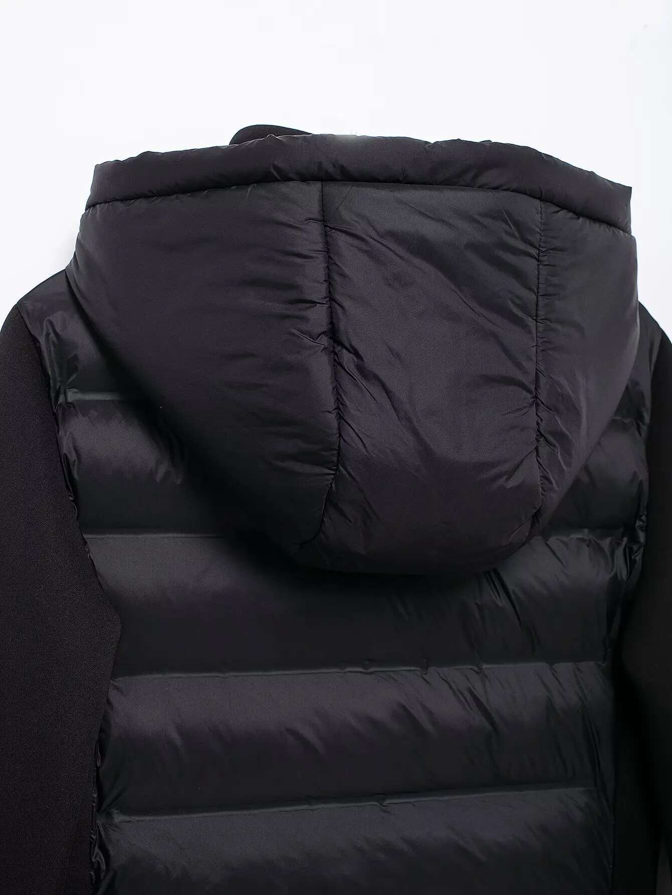 Rzra2024 New Winter Women's Black Commuter Versatile Stand-Up Collar Hooded Slim Cotton Jacket With Splicing Sleeves