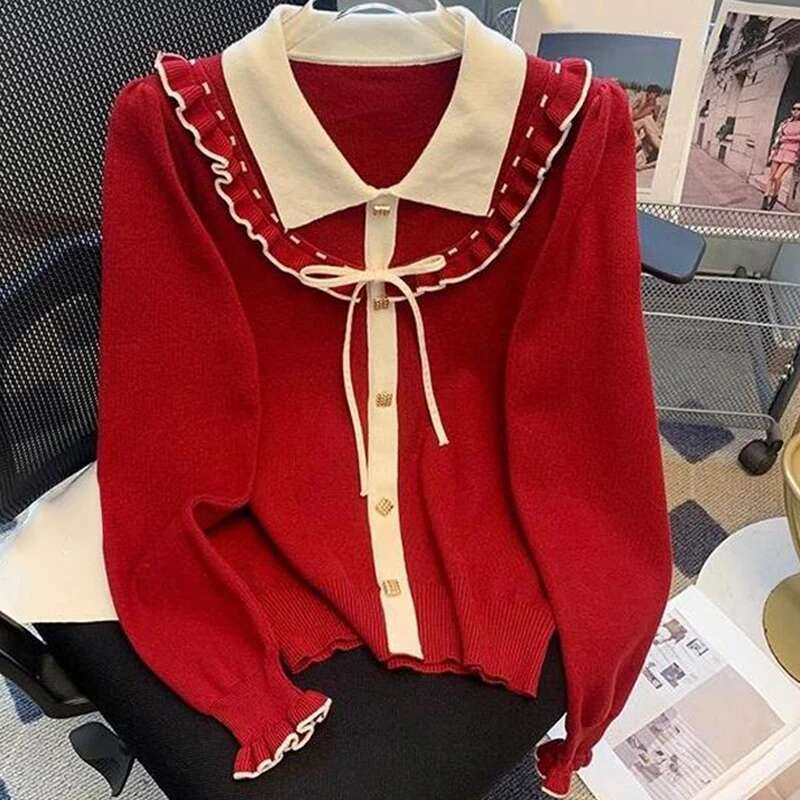 Women's Ruffled Long Sleeve Knitted Sweater Single Breasted Lapel Bowknot Tops