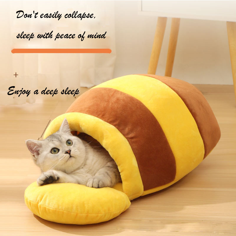 Cute autumn and winter deep sleep pet house with thick pad inside, cartoon style, warm for dogs and cats