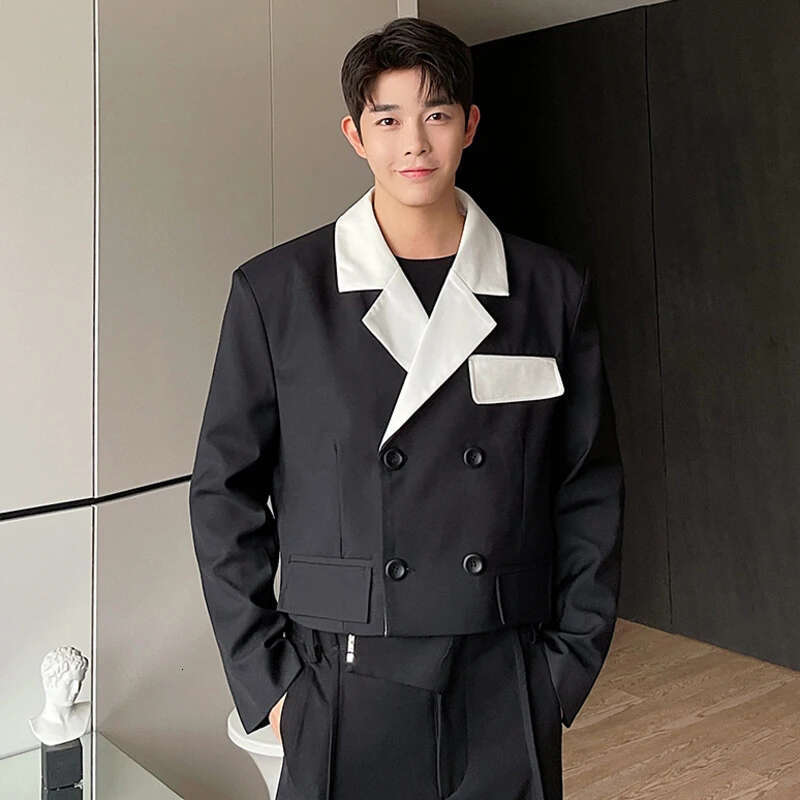 Korean Original Fashion Color Contrast Collar Design Short Blazer Coat Men's New Casual Trendy Elegant Jacket
