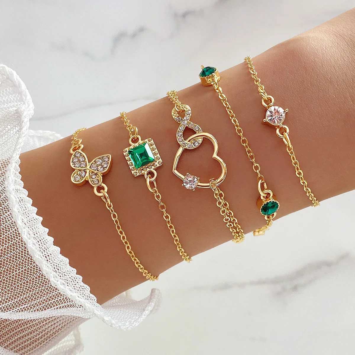 New Luxurious Geometry Square Green Crystal Bracelets Women Fashion Exquisite Butterfly Heart Metal Bracelets Set JewelryXJ250109