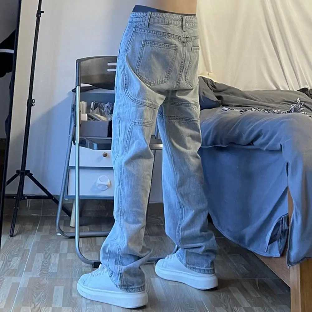 Mens solid color wide leg loose patch work mid waist full length soft breathable pocket zipper button mens pants M250109