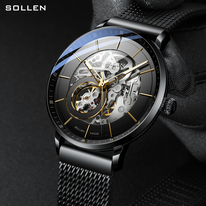 SOLLEN Trendy Men's Automatic Watch with Skeleton Dial and Night Glow Feature