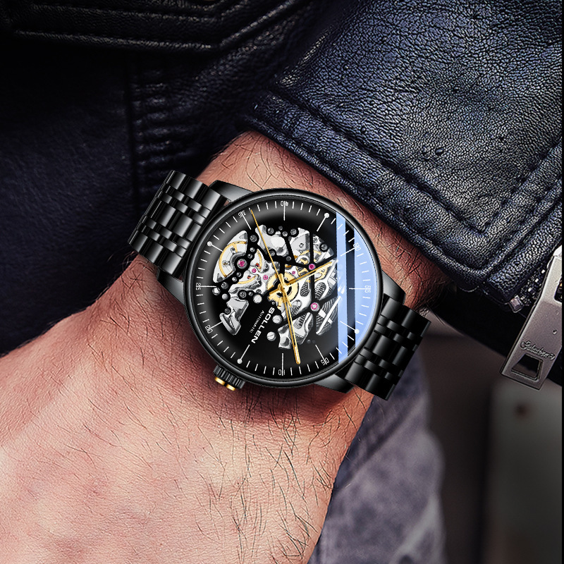 Men's Automatic Mechanical Watch with Curved Skeleton Steel Band and Night Glow