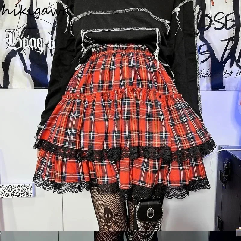 Preppy Style Skirts Women Chic Japanese Jupe Faldas Mujer De Moda High Waist Aline Summer Saia Plaid Patchwork Lace Skirt 250106