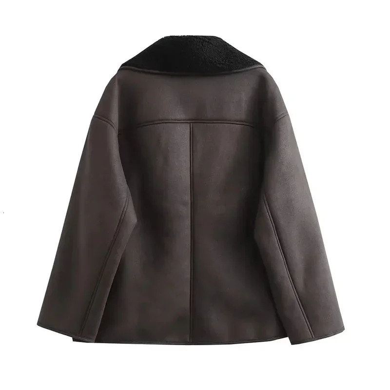 TRAF Fleeced Faux Leather Jacket Women Outerwears Vintage Cold Wool Blends Coats For Woman Autumn Winter Plush 250103