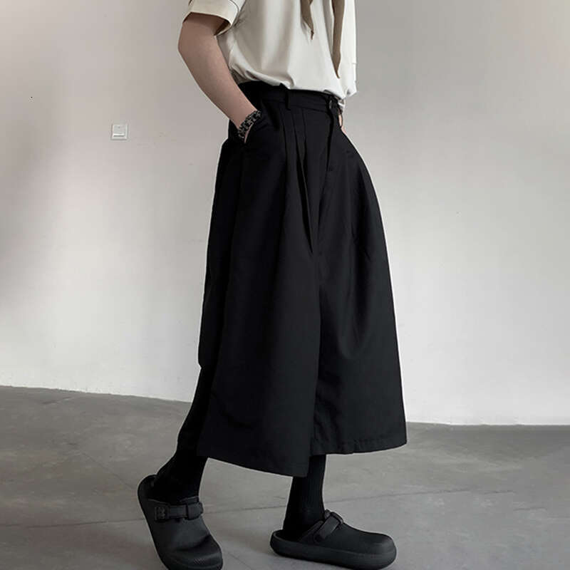 Solid Color Pleated Design Trendy Straight Pants Original New Men's Stylish Elegant Street Nine Points Trousers