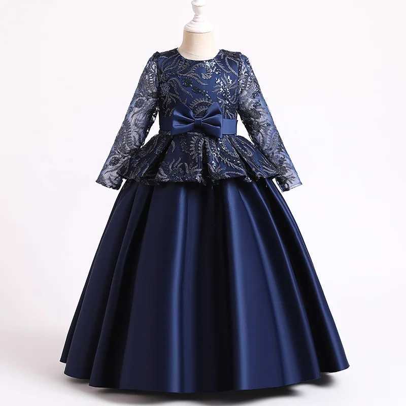 Fashion Childrens Satin Bow Printed Princess Dress Host Long Childrens Piano Performance DressXJ250108