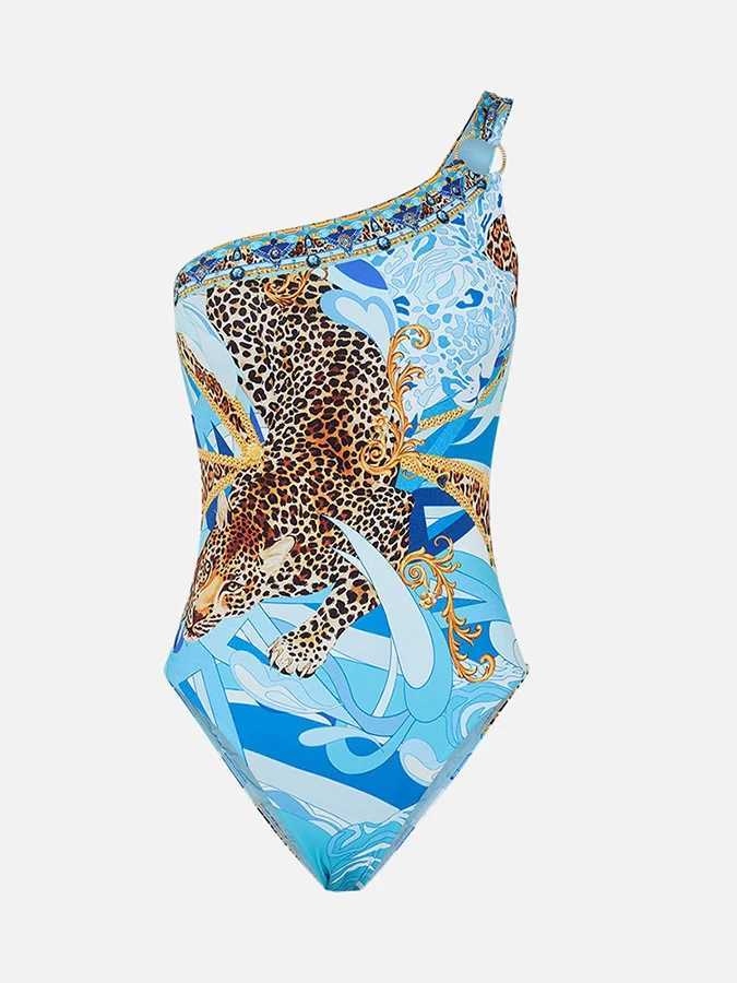 Womens Seaside Wave Blue opard Print One Piece Bikini Slim Fit Swimsuit with Trunks Fashion Design Fresh Design 2025XJ240108