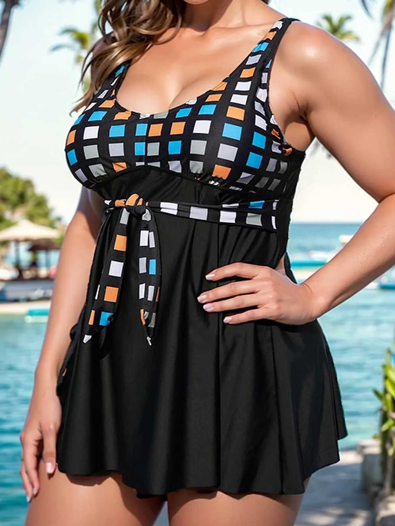 VigoJany 2025 Plaid Print Plus Size Tankini Swimwear Women Large Tied High Waist Swimsuit Laydyss Big Dr Bathing SuitXJ240108