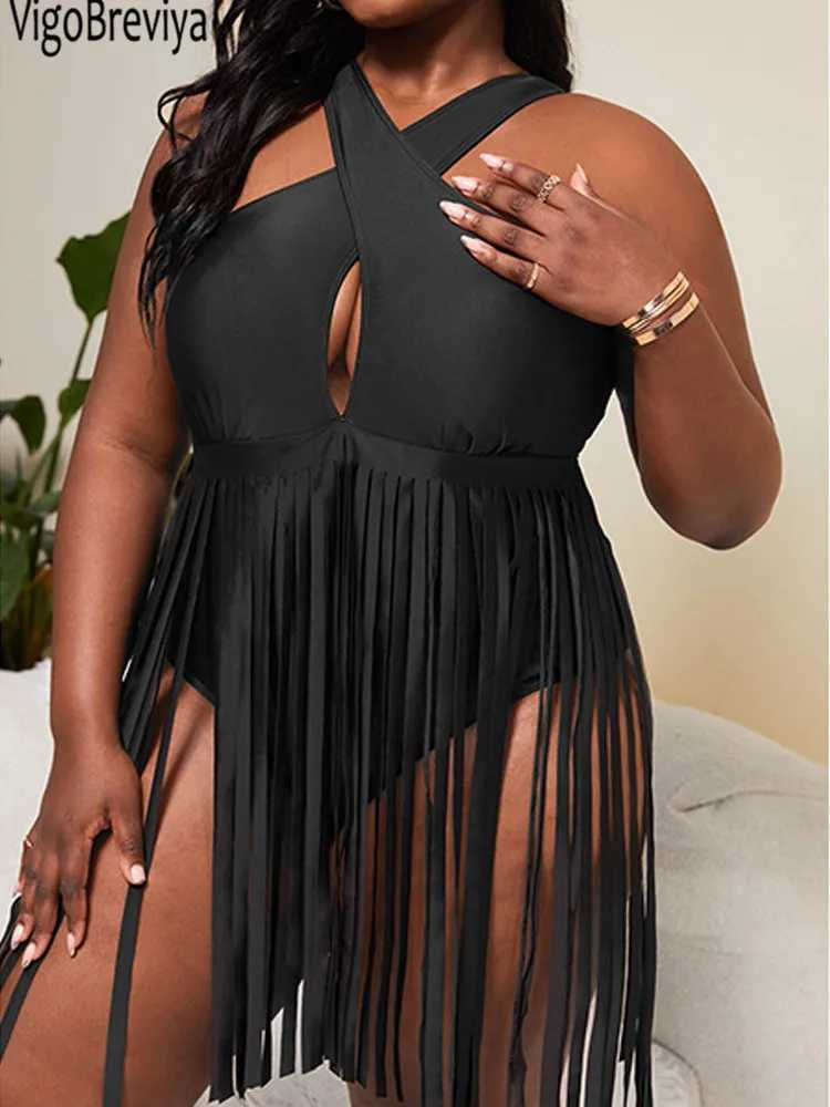VigoJany 2025 Solid Tassels Plus Size Swimwear Women Push Up Chubby One Piece Swimsuit Cross Hollow Lady Large Bathing SuitXJ240108