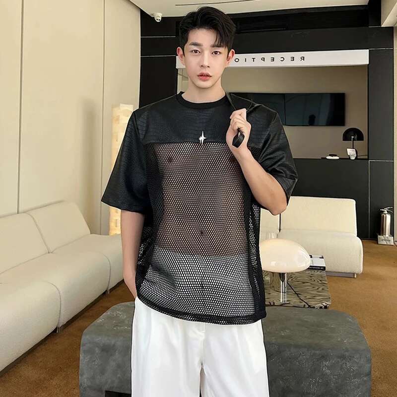 Hollow Out Mesh Splicing Design T-Shirt Short Sleeve Men's 2024 Summer Street High Quality Solid Color Trendy Tops 5C8911