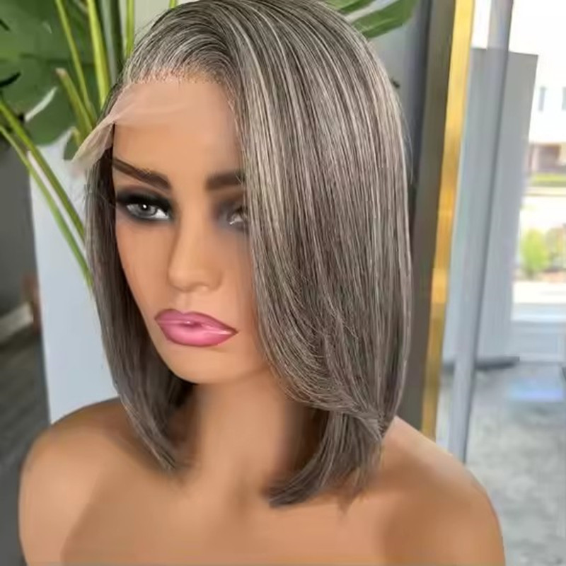HD 5x5 closure Gray human hair wig bob short blunt cut salt and pepper natural grey mixed raw virgin hair lace front wig custom 13day hand made