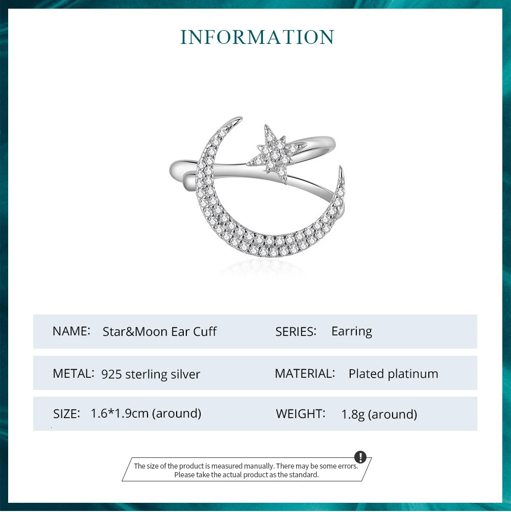 925 Sterling Silver 1PC Star and Moon Ear Cuff Pave Setting CZ Shiny Ear Clip for Women Birthday Gift Fine Jewerly BSE701 250103
