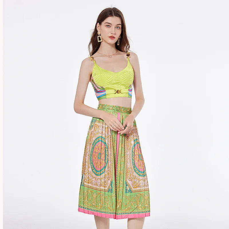Sexy Baroque Chain Two Piece Set Summer Womens Simple Metal Buckle Embroidery Bra Spaghetti Strap Crop Top Pleated Midi Skirt 250109