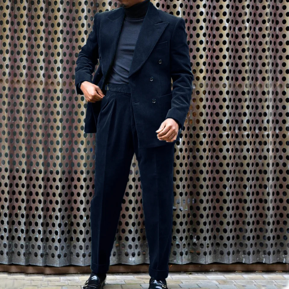 Mens Two Piece Suit Corduroy Double Breasted Slim Casual Elegant Suits for Wedding 2023 Man Jackets Costumes 250102