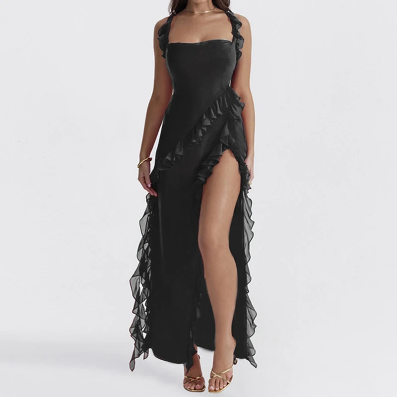 Sexy Ruffles Summer Elegant Maxi Dresses For Women Backlesss Chiffon Dress Red Long Womens Party 250109