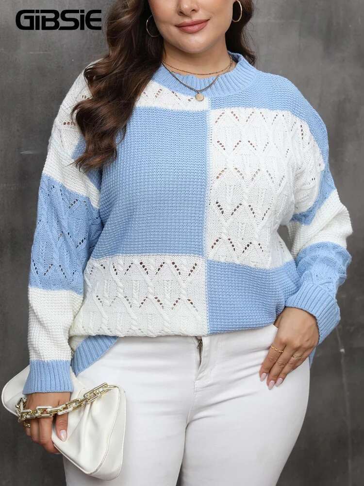 GIBSIE Plus Size Autumn And Winter Color Block Knitted Sweaters Women Casual Long Sleeve Crew Neck Pullover Women's Tops Jumpers