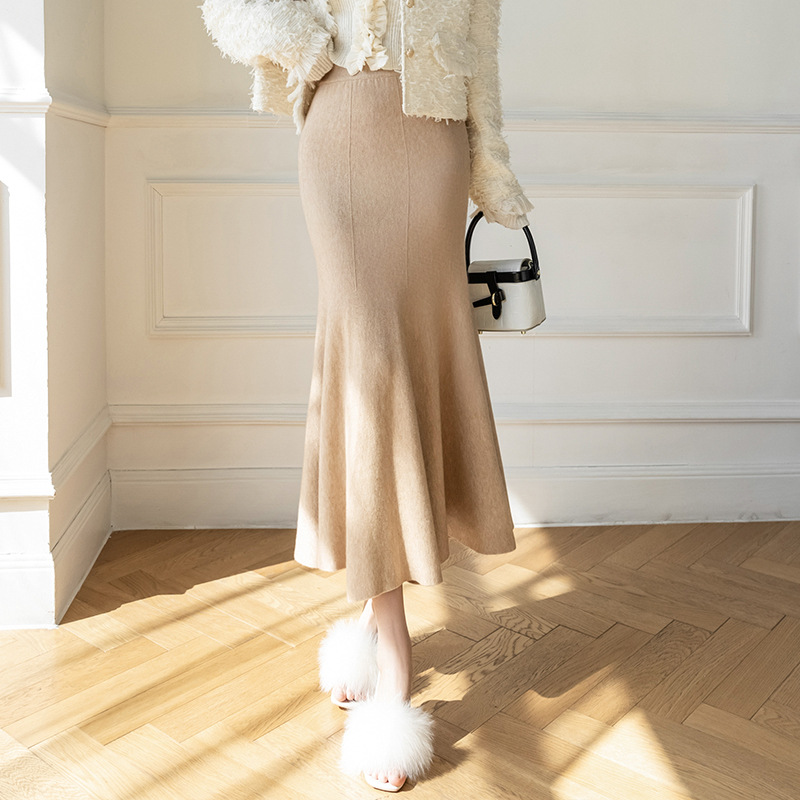 S1330 Fishtail Skirt Women's Early Spring Elastic Slimming Wool Hip Skirt High Waist Slim Mermaid Princess Midi Skirt
