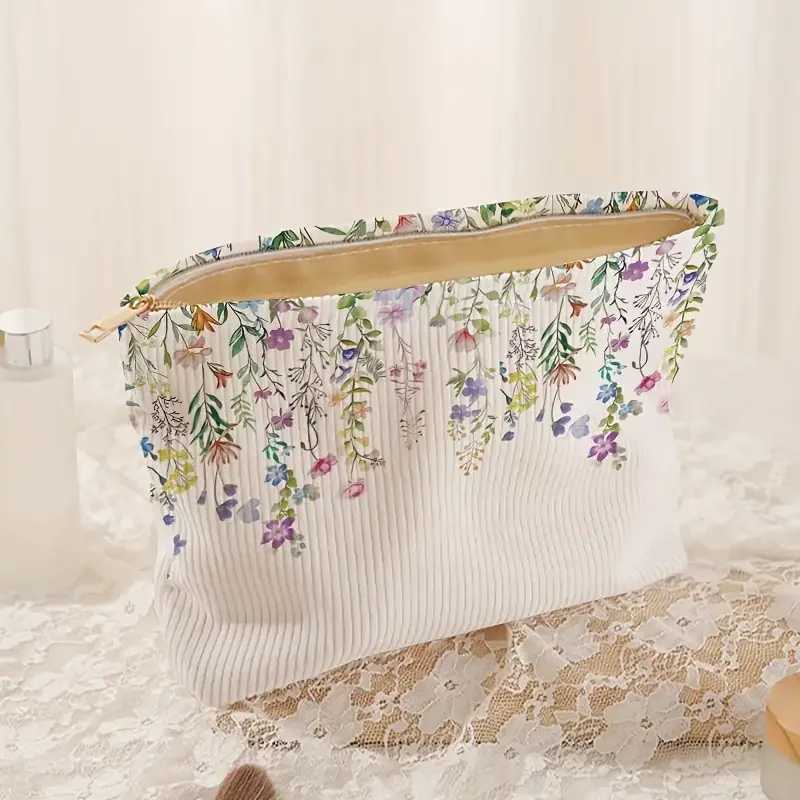 Floral printed Corduroy makeup bag lightweight zipper makeup storage box multifunctional bag with lining W250109