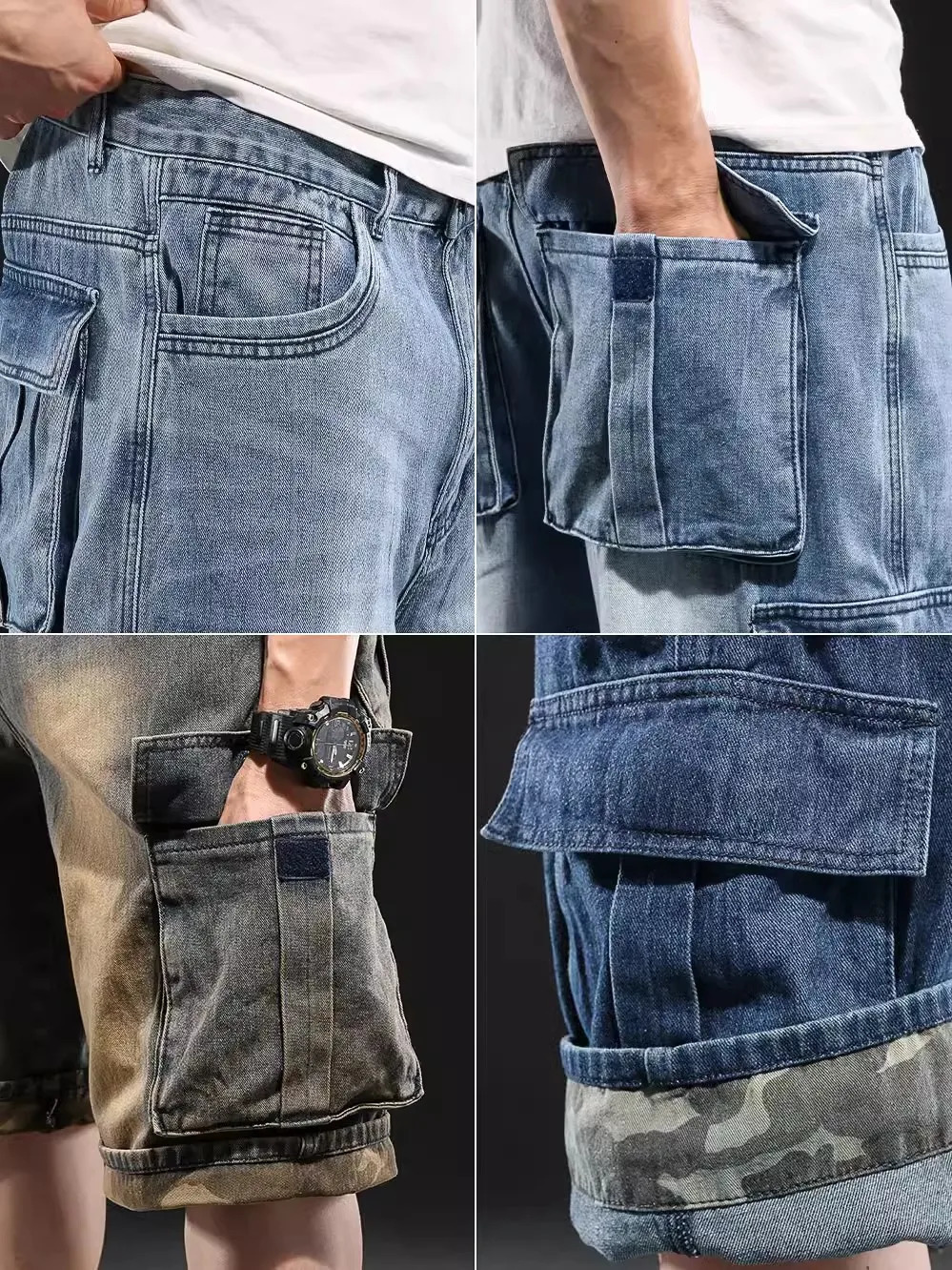 Mens Wideleg Denim Shorts Multi Pocket 7 Point Work Cargo Jeans Fat Plus Size Male 250107