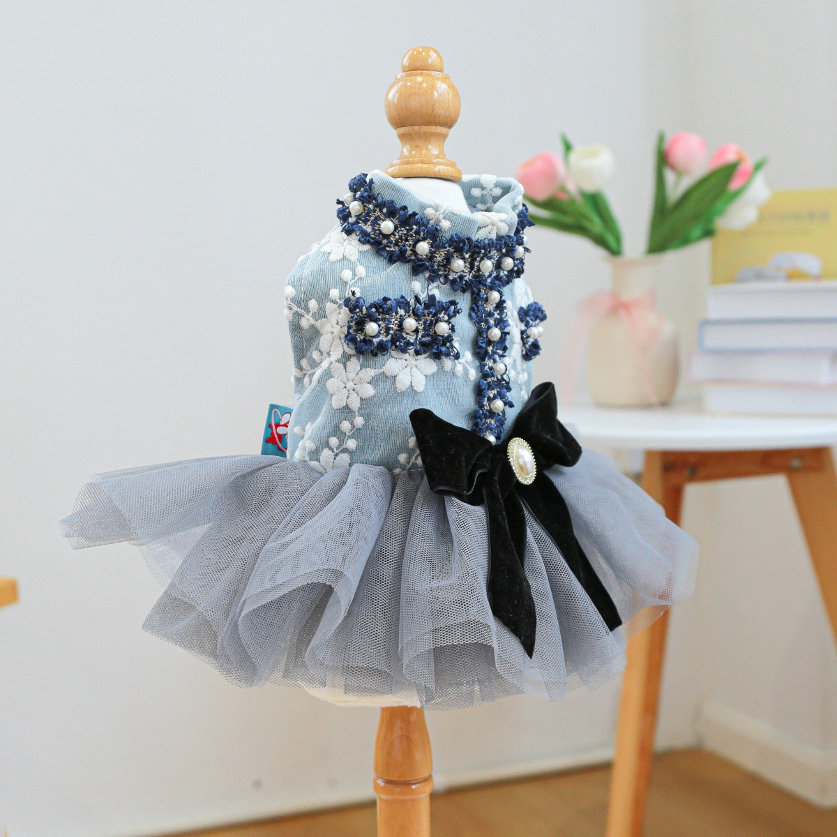 Pet Clothing Cat Autumn/Winter Grey Blue Fragrant Skirt Dress Wedding Dress Suitable for Small and Medium sized Dogs